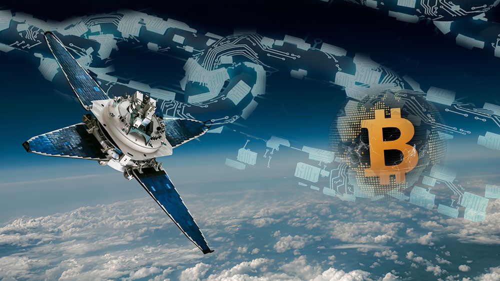 Vista del planeta tierra desde el espacio, satélite, blockchain y bitcoin en órbita.