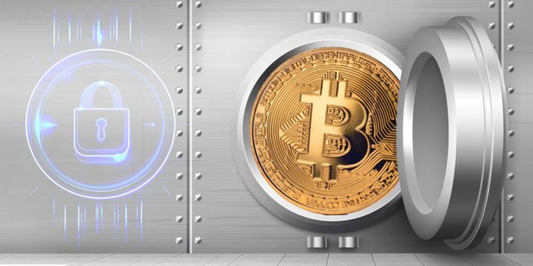 Bóveda con moneda bitcoin y candado cerrado
