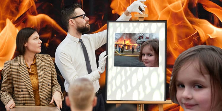 Subasta de “Disaster Girl” en llamas con Disaster Girl en primer plano. Composición por CriptoNoticias Fuentes: Disaster Girl /  knowyourmeme.com  ;  maxkuk  /  unsplash.com  ;  Jcomp  /  elements.envato.com  ;  AnnaStills  /  elements.envato.com .