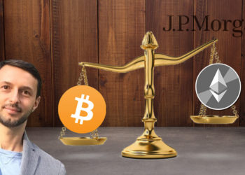 Balanza con bitcoin y Nick Gianbruno de un lado y ether y JP Morgan del otro.