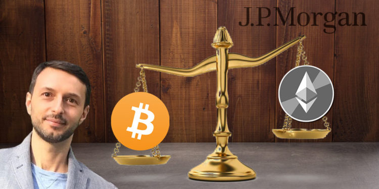 Balanza con bitcoin y Nick Gianbruno de un lado y ether y JP Morgan del otro.