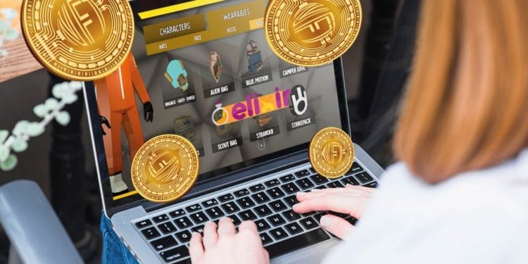 Mujer comprando skins en market.elixir.app y monedas de NFT. Composición por CriptoNoticias. Fuentes:  iuriimotov  /  freepik.es  ;  market elixir  /  market.elixir.app  ; freepik / freepik.es