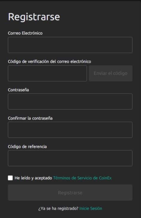 Pantalla de registro de usuario en el exchange CoinEx