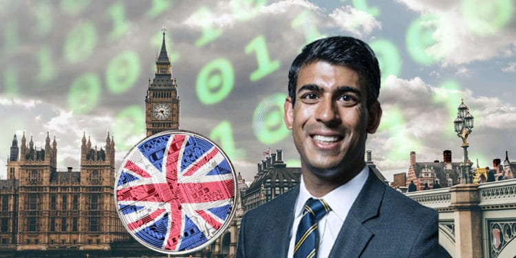 Londres con criptomoneda de bandera de Inglaterra y Rishi Sunak. Composición por CriptoNoticias Fuentes:  Chris McAndrew  /  wikipedia.org  ;  twenty20photos  /  elements.envato.com  ;  evantdang  /  unsplash.com .