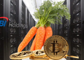 Mina de SBI Holdings y el logo, con zanahorias representando a taproot y bitcoins