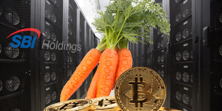 Mina de SBI Holdings y el logo, con zanahorias representando a taproot y bitcoins