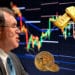 Roubini y gráfico con lingotes de oro arriba y bitcoins abajo.