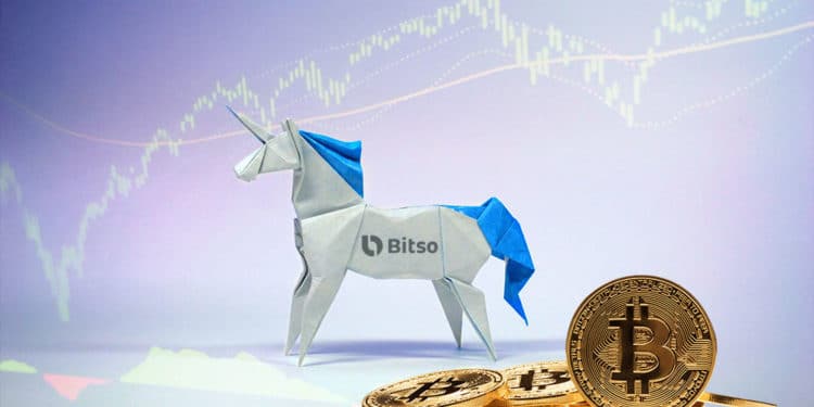 Unicornio de origami con logo de Bitso, unas bitcoins en el suelo y gráfico bursátil.