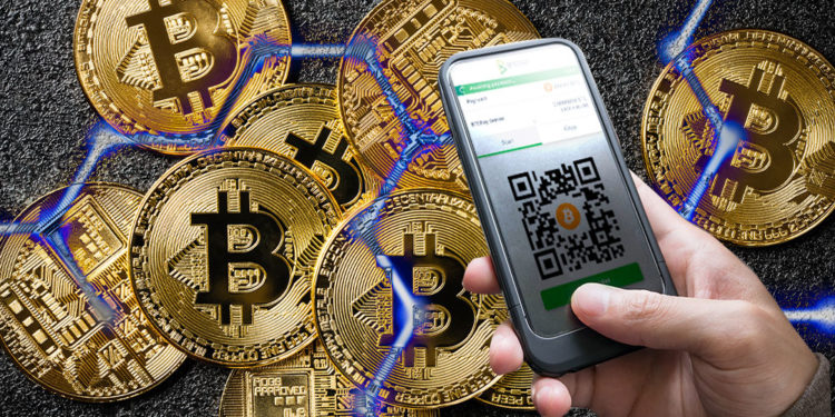 Criptomonedas y bitcoins con red hexagonal azul y mano con celular con BTCpay