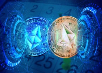 Monedas de ethereum saliendo de aros digitales se fusionan con calendario en el fondo. Composición por CriptoNoticias. Slon.pics / slon.pics; Starline / freepik.com; Slon.pics / slon.pics; BrianAJackson / elements.envato.com.