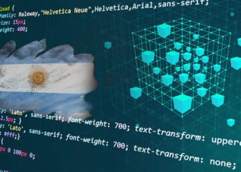 Cadena de blockchain con códigos y bandera de Argentina.