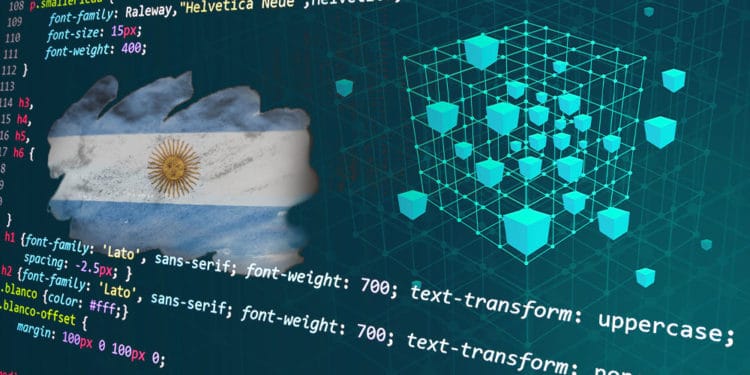 Cadena de blockchain con códigos y bandera de Argentina.