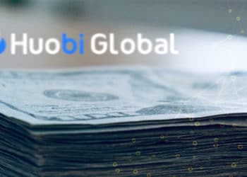 Pila de dolares y logo de Huobi Global.