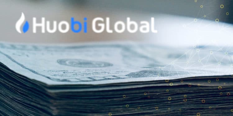 Pila de dolares y logo de Huobi Global.