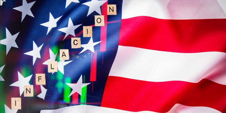 Bandera usa con letras de inflación y gráfico.