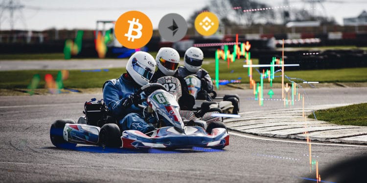 Kartings con bitcoin, ether, binance coin con gráfico bursátil en el ambiente.