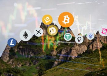 litecoin, ether xrp, dogecoin, bitcoin, binance coin, tether, polkadot, cardano y uniswap en la cima de una montaña.