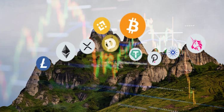 litecoin, ether xrp, dogecoin, bitcoin, binance coin, tether, polkadot, cardano y uniswap en la cima de una montaña.
