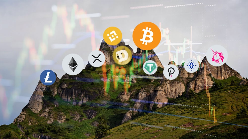 litecoin, ether xrp, dogecoin, bitcoin, binance coin, tether, polkadot, cardano y uniswap en la cima de una montaña.