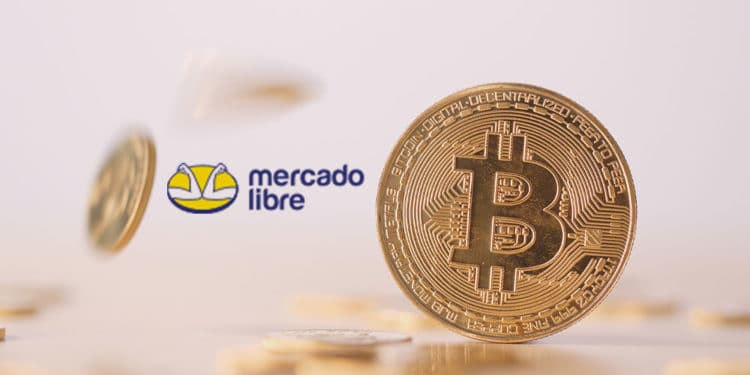 Bitcoins y logo de Mercado Libre.