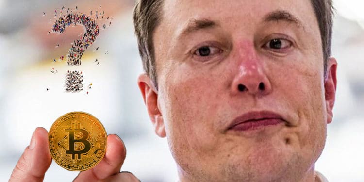 Elon Musk y bitcoin con signo de interrogación.