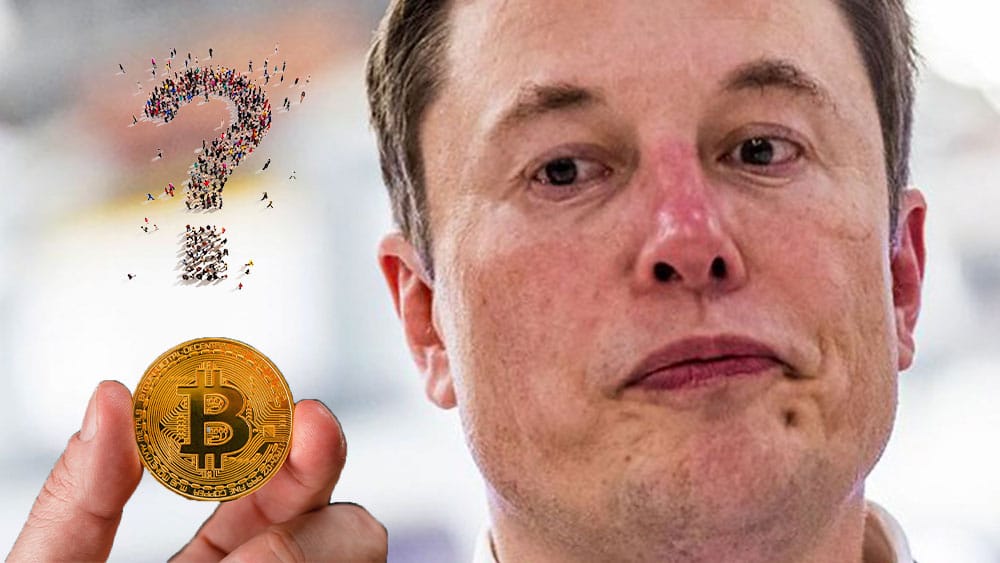 Elon Musk y bitcoin con signo de interrogación.