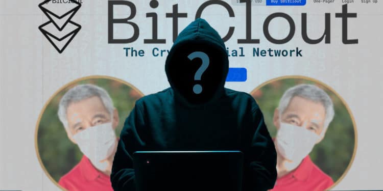 Persona desconocida en computadora con página de BitClout y tokens del Lee Hsien Loong en el fondo. Composición por CriptoNoticias. BitClout / bitclout.com; @leehsienloong / twitter.com; DarioLoPresti / elements.envato.com; B_A / pixabay.com.