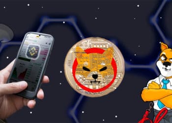 SHIBA Coin y mano con Binance en el celular sobre fondo espacial.