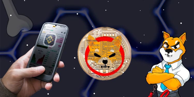 SHIBA Coin y mano con Binance en el celular sobre fondo espacial.