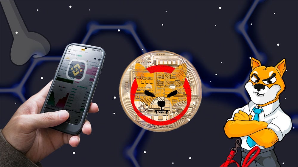 SHIBA Coin y mano con Binance en el celular sobre fondo espacial.