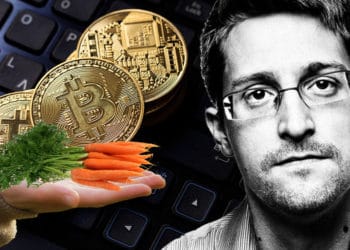 Bitcoins sobre teclado mano sosteniendo zanahorias que representan taproot y retrato de Snowden.