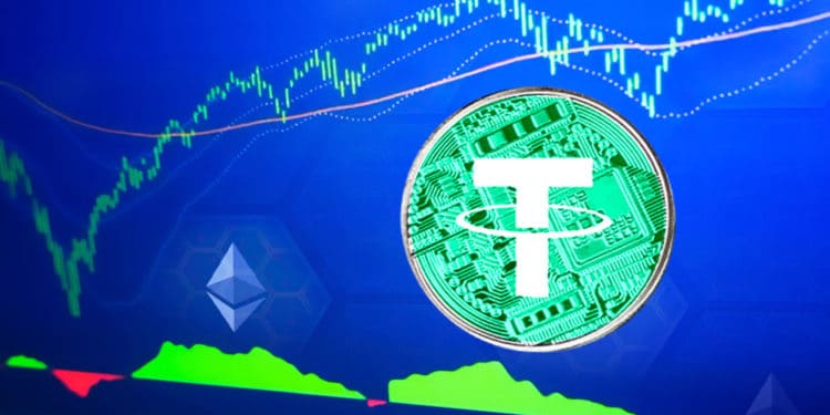 Criptomoneda tether sobre gráfico con red de ethereum.