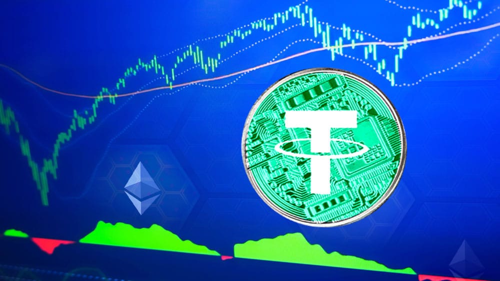 Criptomoneda tether sobre gráfico con red de ethereum.