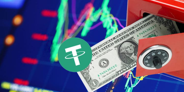 Caja fuerte con dolar y tether sobre gráfico.
