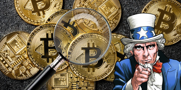 Bitcoins con tío sam y lupa.