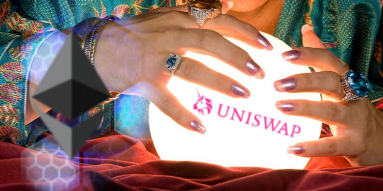 Oráculo con Uniswap en su bola de cristal y logo de ethereum flotando sobre red hexagonal azulada a la izquierda.