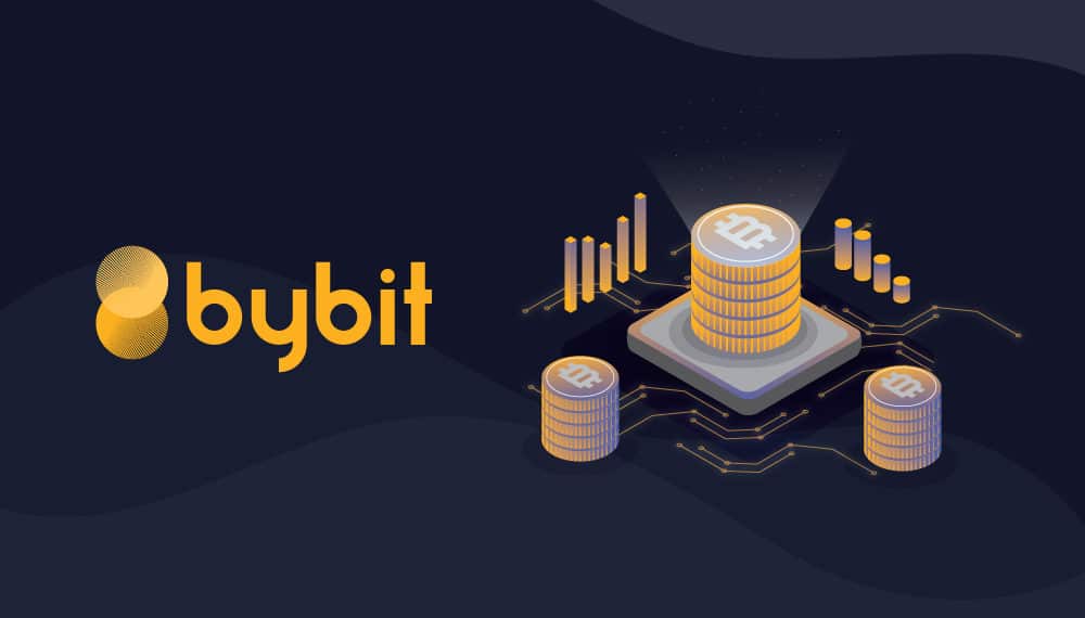 Logo de Bybit Exchange al lado de pilas de bitcoins