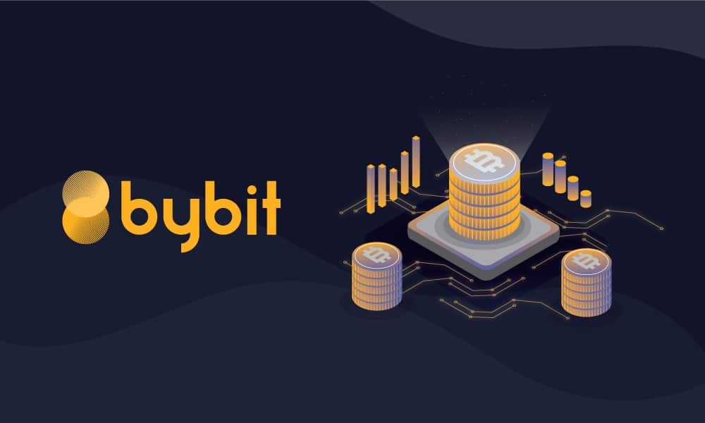 Logo de Bybit Exchange al lado de pilas de bitcoins