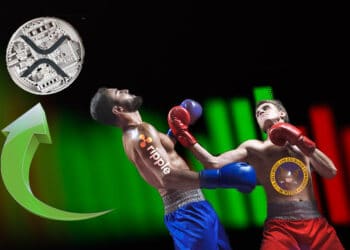 Representación con boxeadores de SEC golpeando a Ripple y flecha verde hacia arroba con XRP.