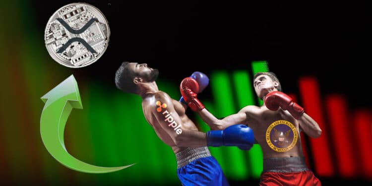 Representación con boxeadores de SEC golpeando a Ripple y flecha verde hacia arroba con XRP.