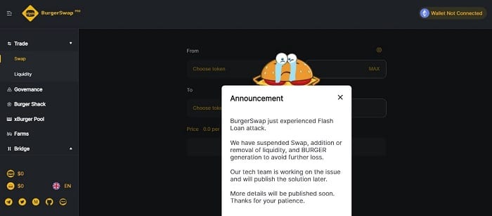 hackeo plataforma defi burguer swap