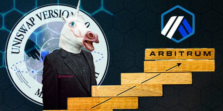 Unicornio de Uniswao subiendo cubos de madera hacia Arbitrum con su respectivo logo.
