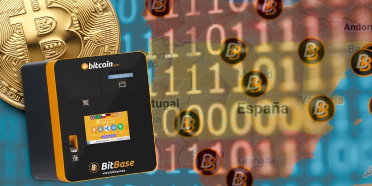 Bitbase con mapa de España con sus colores y bitcoin.