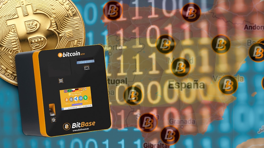 Bitbase con mapa de España con sus colores y bitcoin.