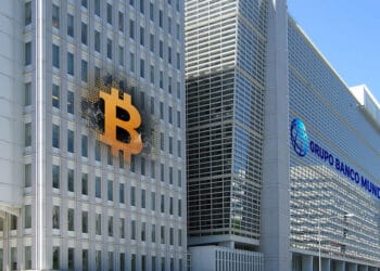 Sede de banco central con su logo y bitcoin.