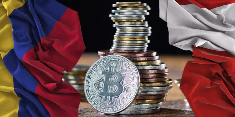 Bitcoin con bandera de Perú y Colombia.