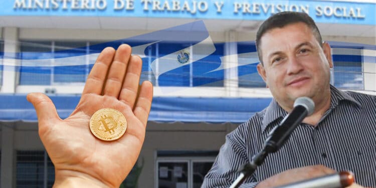 Ministro de trabajo El Salvador con bitcoin y ministerio al fondo.