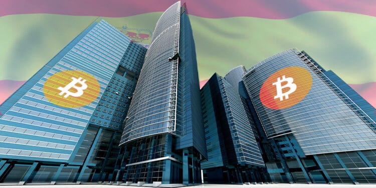 Banco con bitcoin y bandera de España.