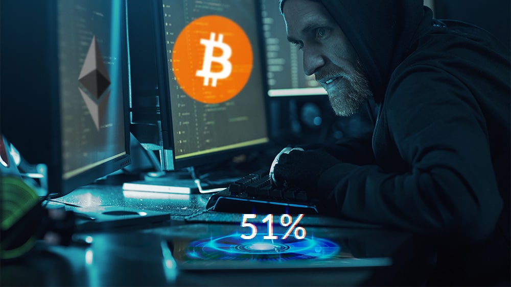 Hacker con dos pantallas, una bitcoin y otra ether y 51% sobre su teléfono.