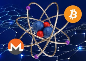 Átomo con bitcoin y monero sobre red hexagonal azul.